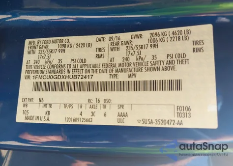 2017 Ford Escape Se from USA, damaged, VIN 1FMCU0GDXHUB72417